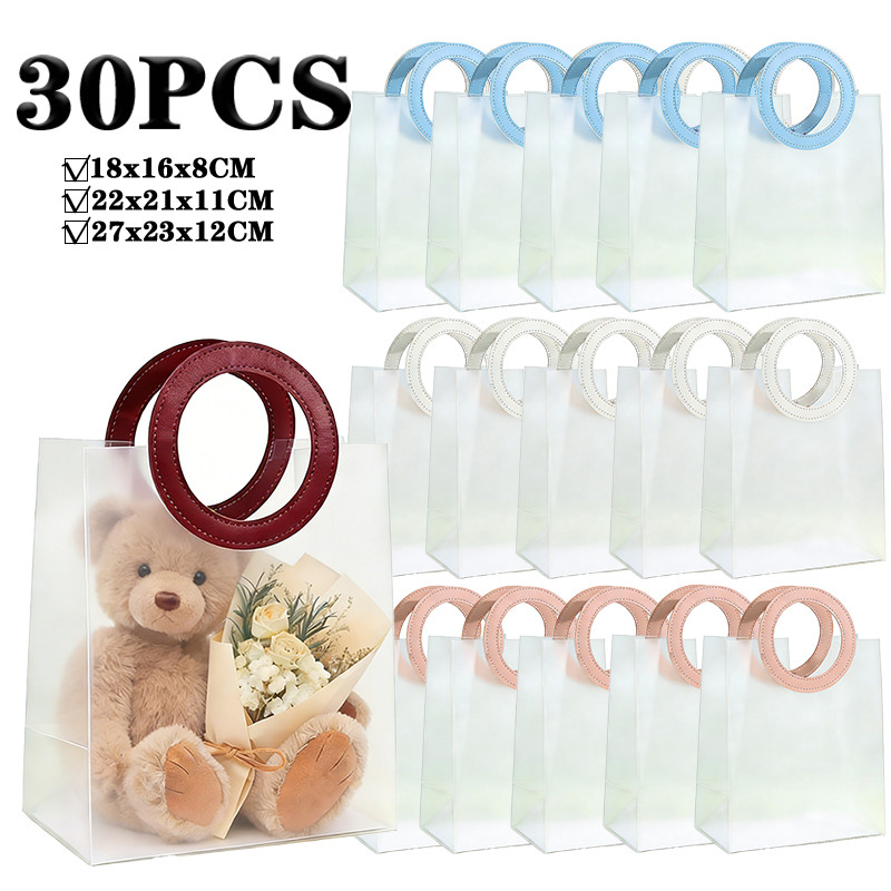 Kit 10-30 Bolsas Sacola Plástica Transparente Flexível De PP Alça Redonda Couro Sintético Em Cores Para Presente Brinde em Oferta na Shopee