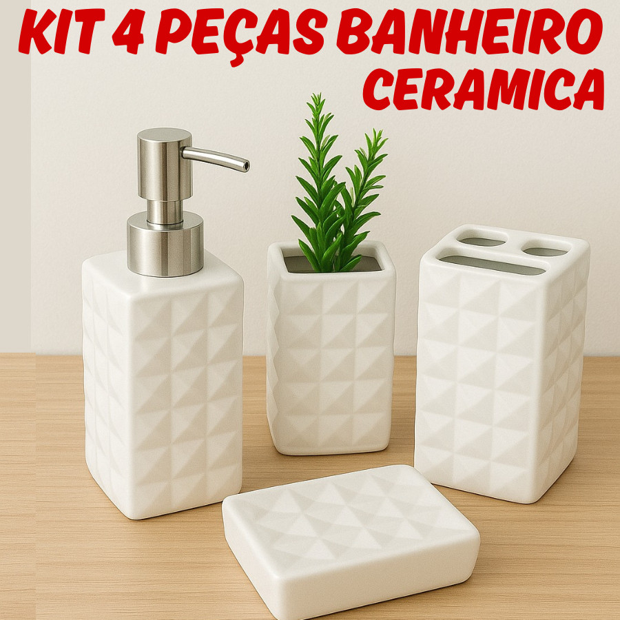 Kit Banheiro 4 Peças Porta Sabonete Líquido Saboneteira Porta Escova Dente Ceramica Textura Diamante em Oferta na Shopee
