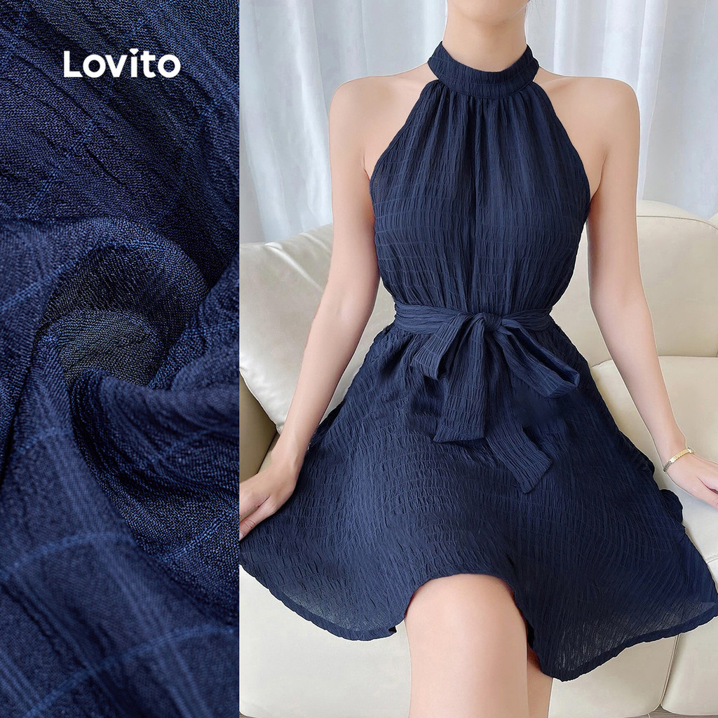 Lovito Vestido Boho Clássico E Versátil Respirável Com Cadarço E Botões Azul Marinho Primavera/verão Mulheres L155AD373