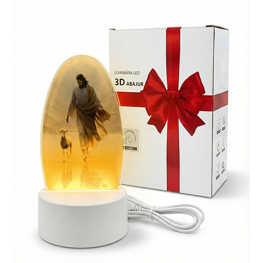 Luminária Abajur 3D Jesus Bom Pastor LED 3 Cores Presente Cristão Decoração Quarto e Mesa