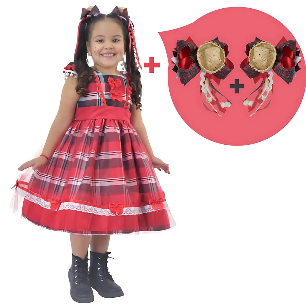 Kit Vestido Festa Junina São Joao Quadrilha Xadrez Vermelho + 2 laços