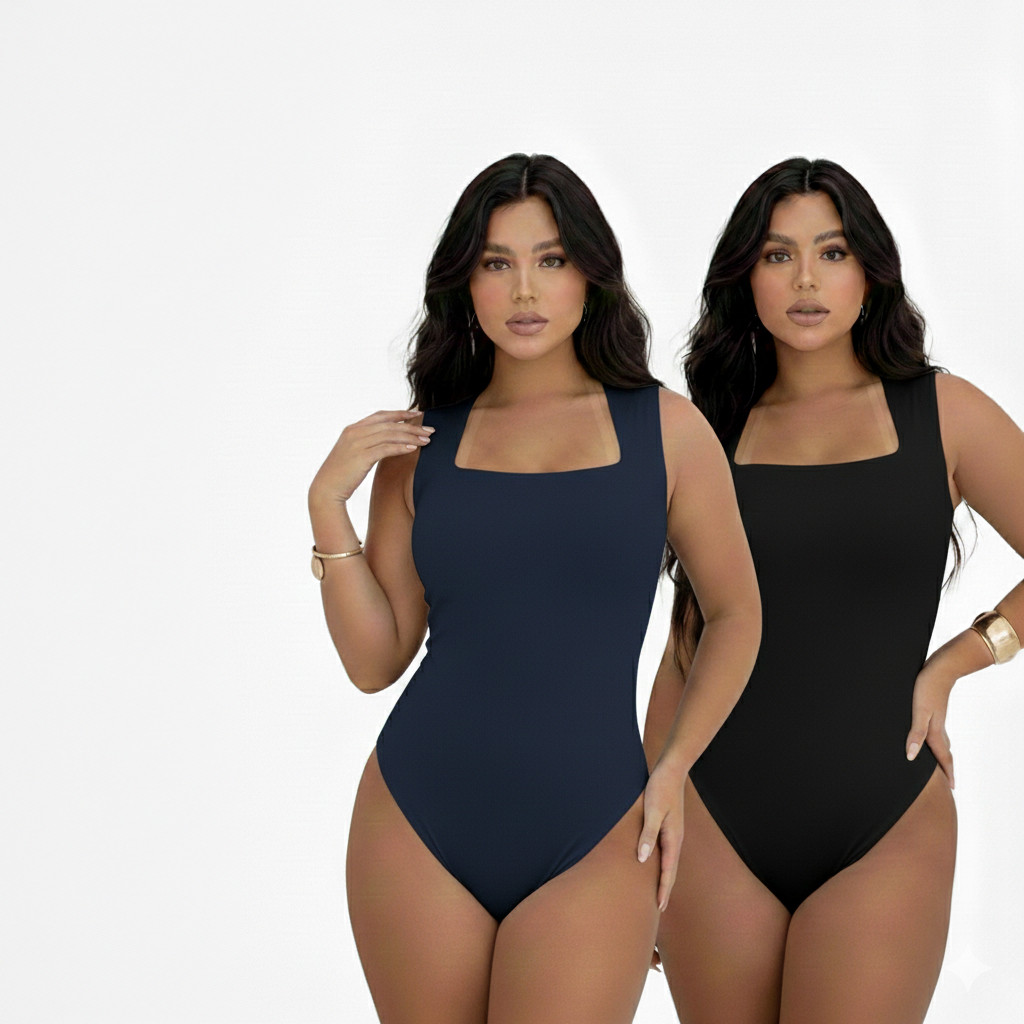 Kit 2 Body Feminino Decote Quadrado Alças Grossas Casual Elegante