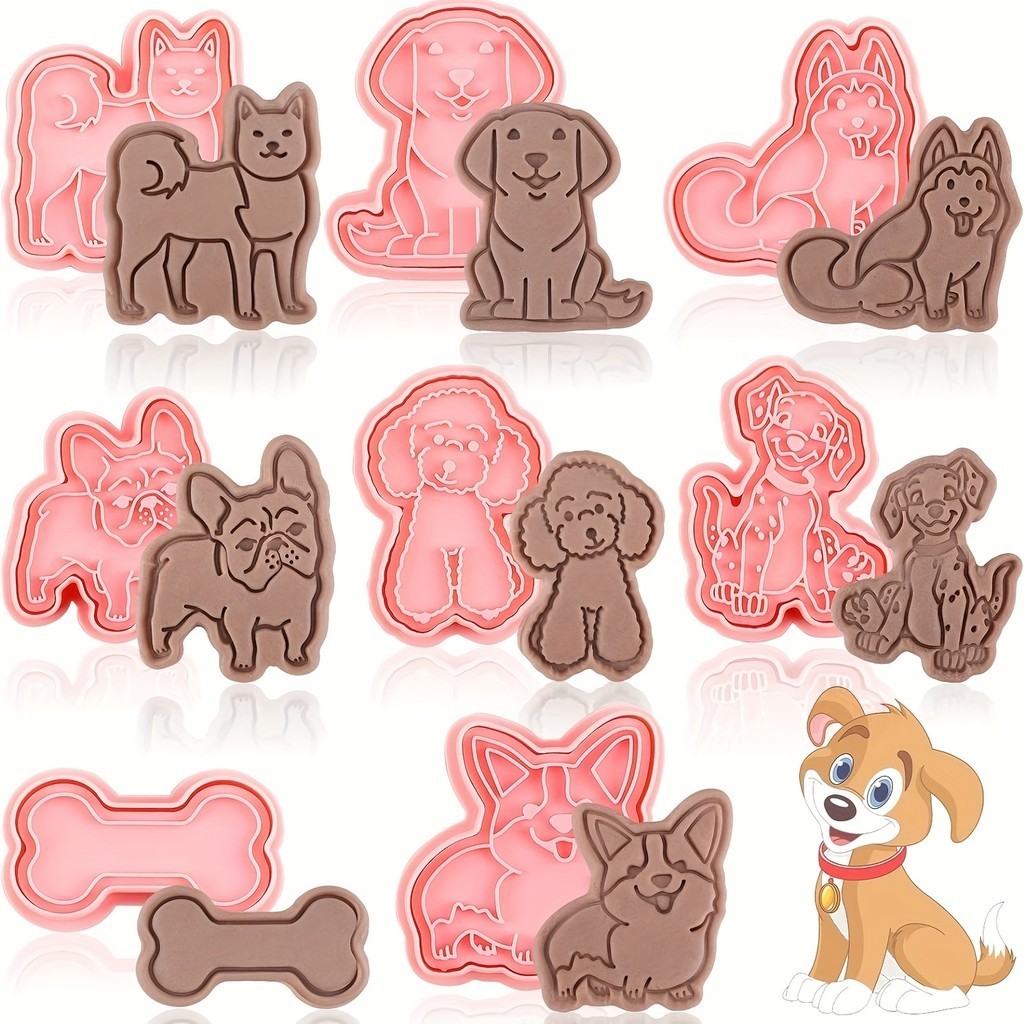 Conjunto de 8 Cortadores de Biscoitos com Tema de Cães, 7 Tipos de Cães e 1 Cortador de Biscoitos com Padrão de Osso em Oferta na Shopee