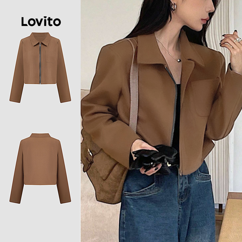 Lovito Jaqueta Casual com Zíper Primavera/verão Marrom para mulheres L154ED065 em Oferta na Shopee