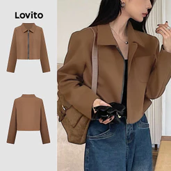 Lovito Casual Jaqueta com Zíper Primavera/verão Marrom para mulheres L154ED065