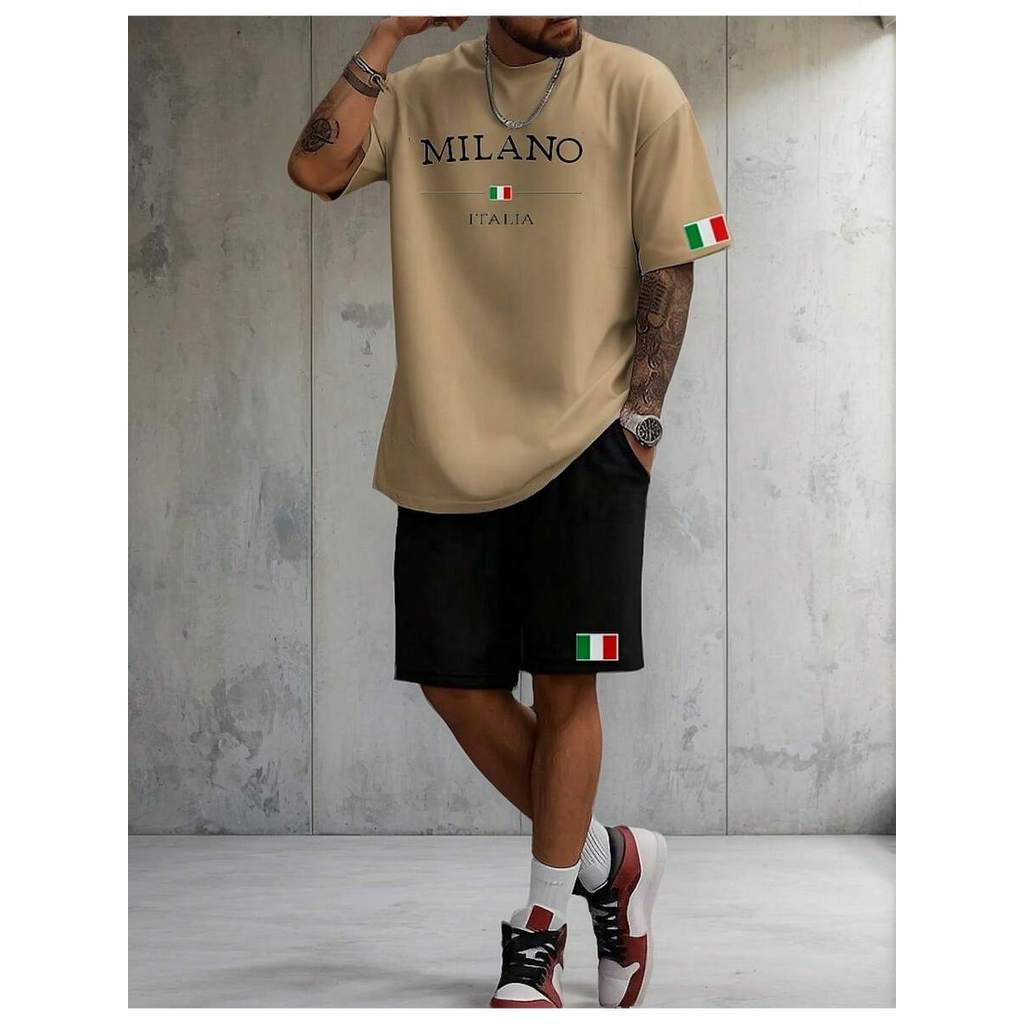 Conjunto Camiseta + Short Mauricinho Estampado Milano Itália Street Camiseta100% Algodão Linha Premium Bermuda Com Bolso