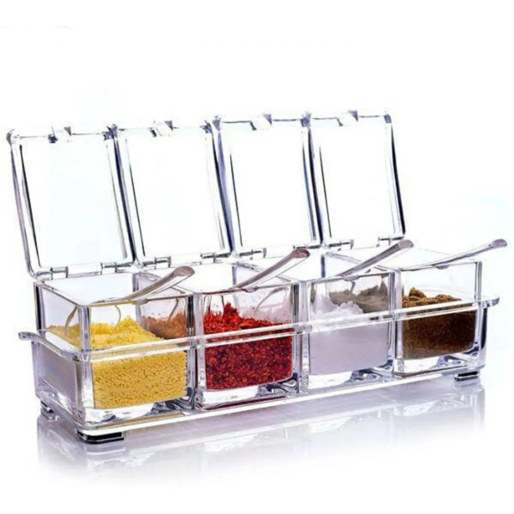 Porta Condimento Organizador Acrílico 4 Potes de Tempero para Cozinha Incolor 220ml