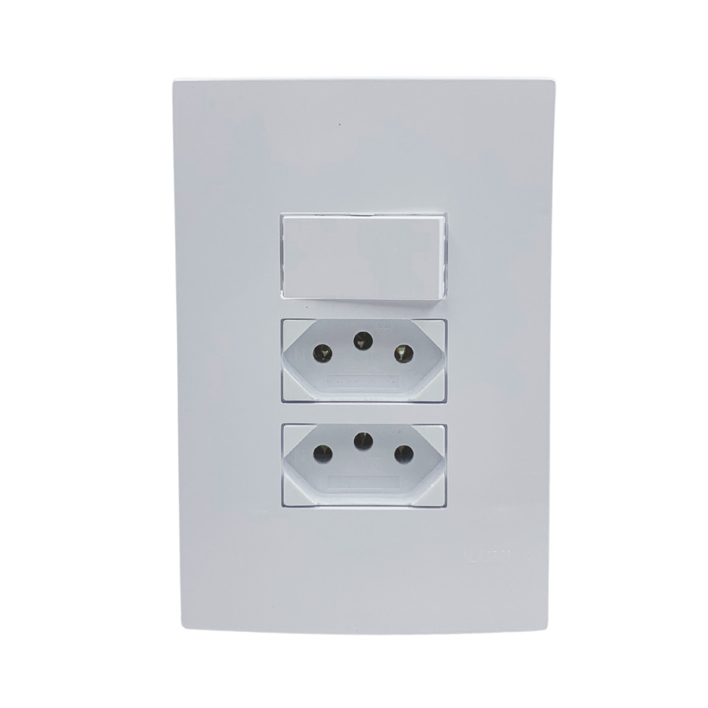 Conjunto 1 Interruptor Simples + 2 Tomada 10A 250V Monobloco Branca Linha I9 Ilumi Alta Durabilidade