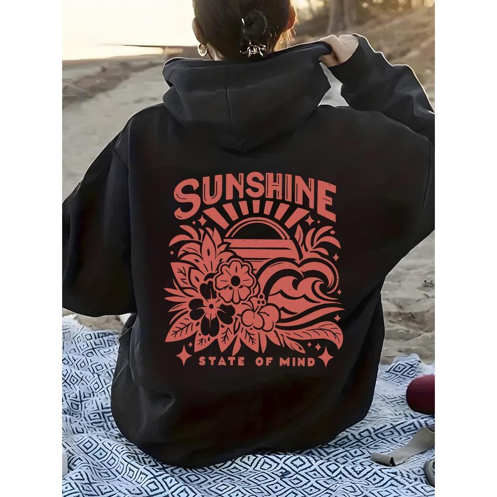 Women'S Hooded Sweatshirt - Black with Pink "Sunshine State of Mind" Graphic - Loose Fit Pullover Hoodie, Kangaroo Pocke