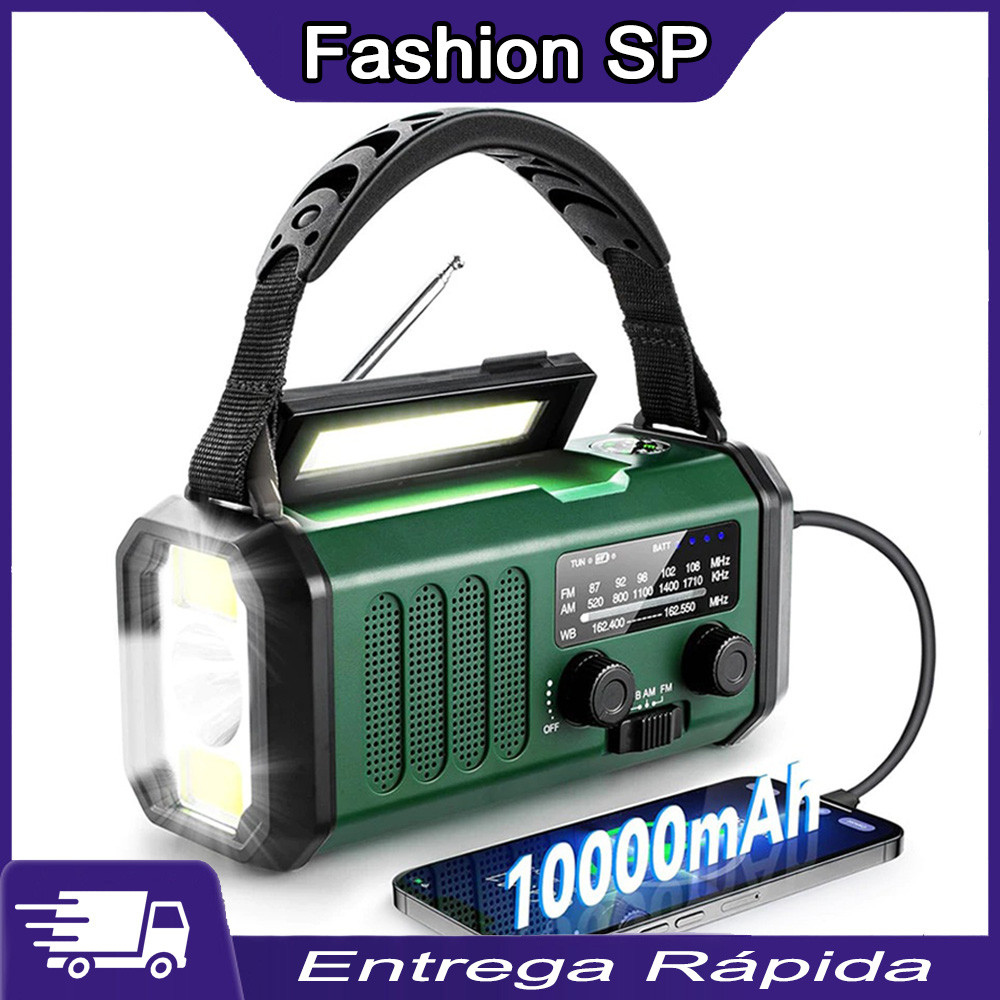 Multifuncional Rádio De Emergência Solar, Rádio De Manivela, Rádio AM/FM Tempo, 10000mAh, Carregamento Tipo C em Oferta na Shopee