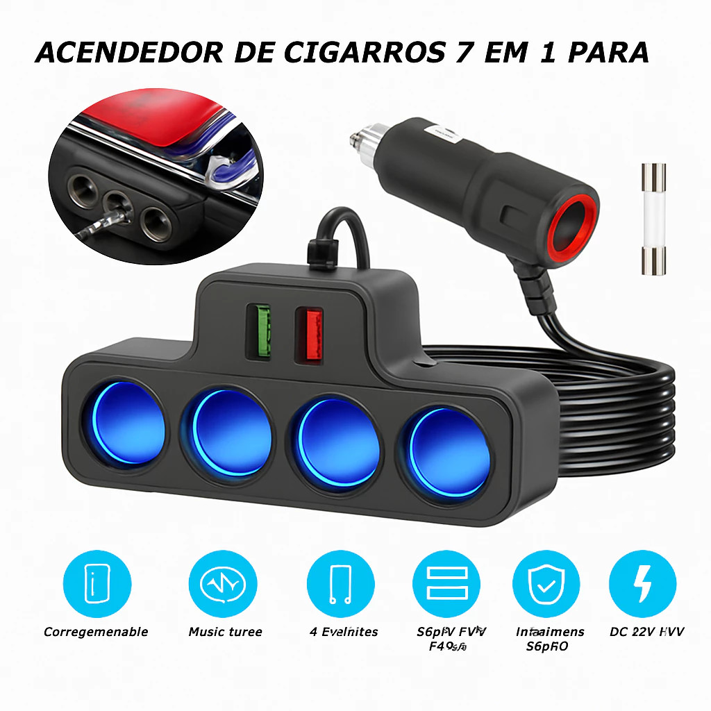 Adaptador De Carregador De Carro 12V/24V 120W 4 Em 1 3 Soquete Divisor De Isqueiro Duplo USB