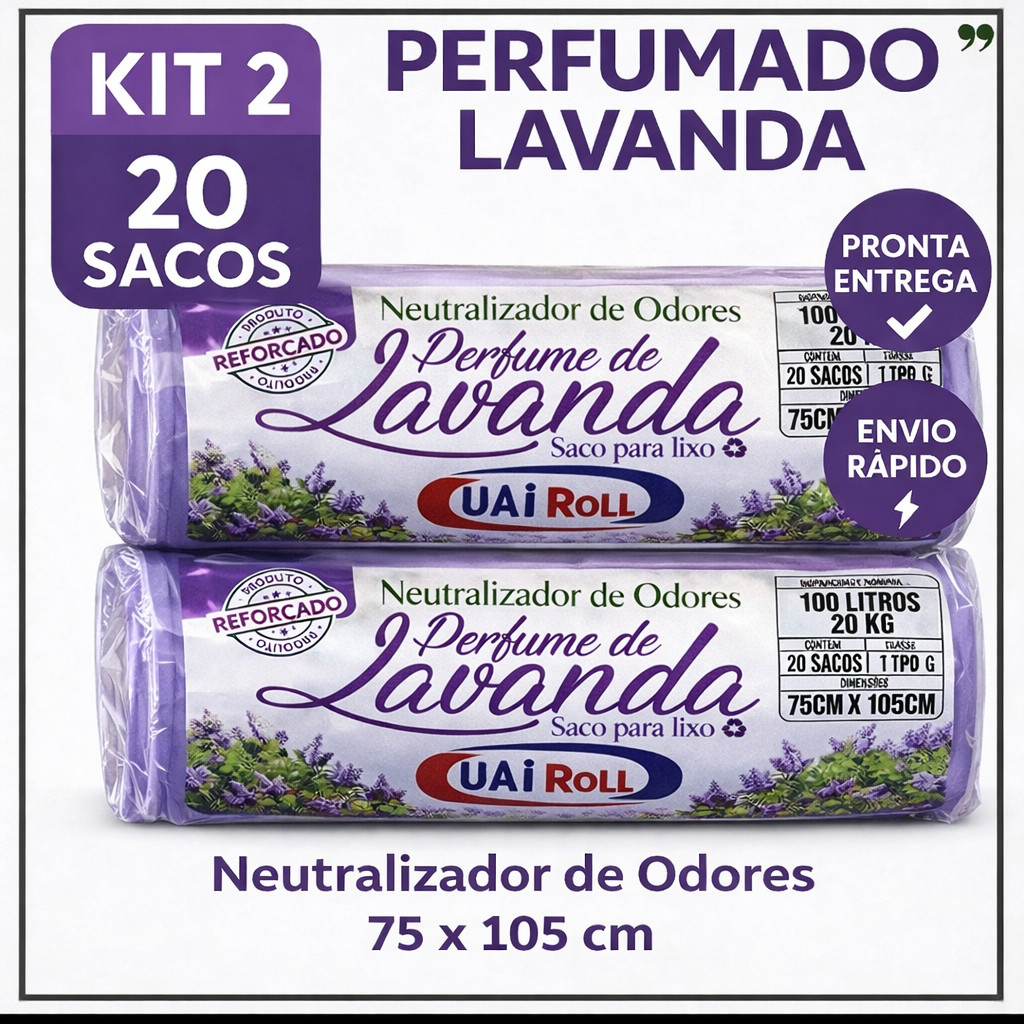 Saco De Lixo Kit 2 Rolls 100 Litros Tira Odor Perfumado Com Cheiro de Lavanda Com 20 Unidades