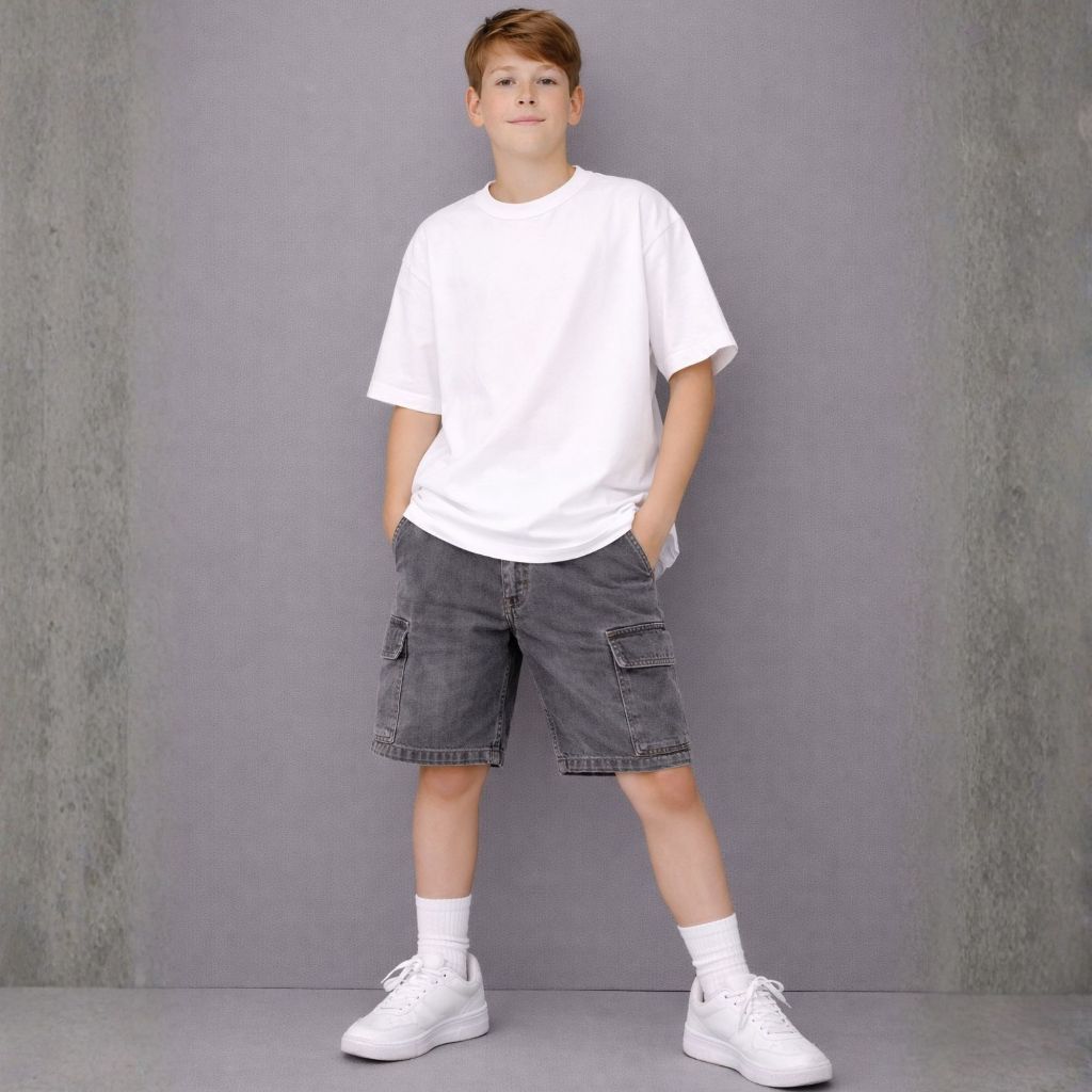 Bermuda Cargo Jeans Menino Infantil Juvenil Elastano
