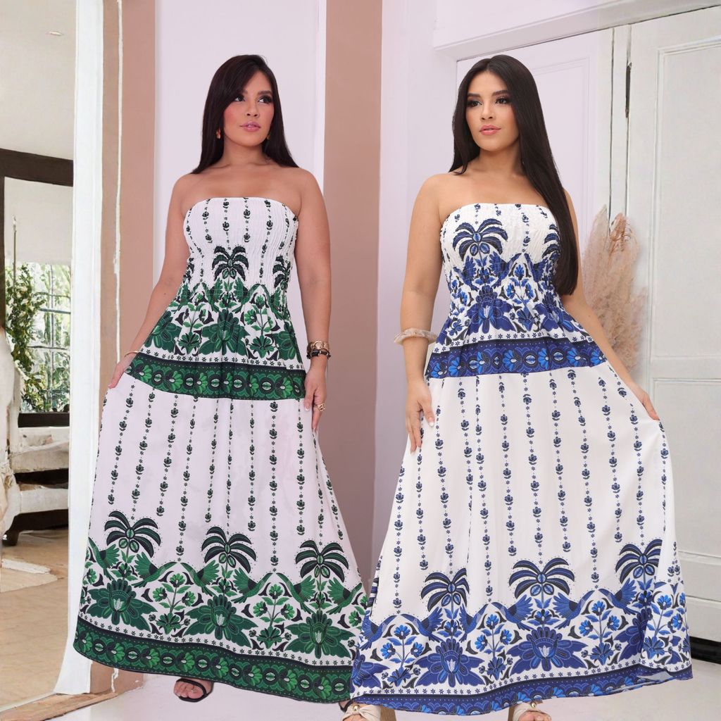 kit-2 peças Vestido Tropical Longo Tomara que Caia Estampado – Moda Feminina 2026 Azul + Verde em Oferta na Shopee