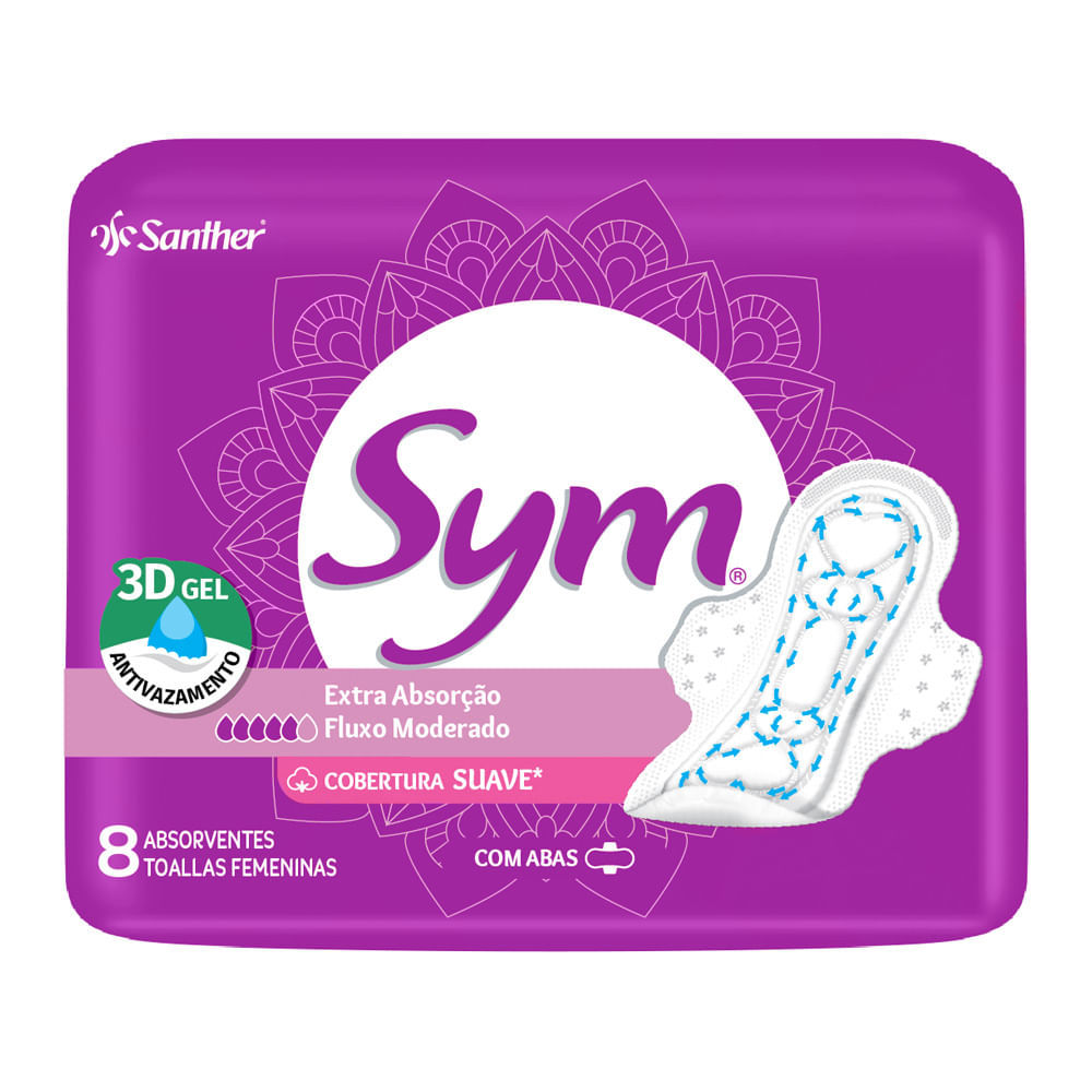 Absorvente Sym Cobertura Suave 3D Gel com Abas 8 Unidades em Oferta na Shopee