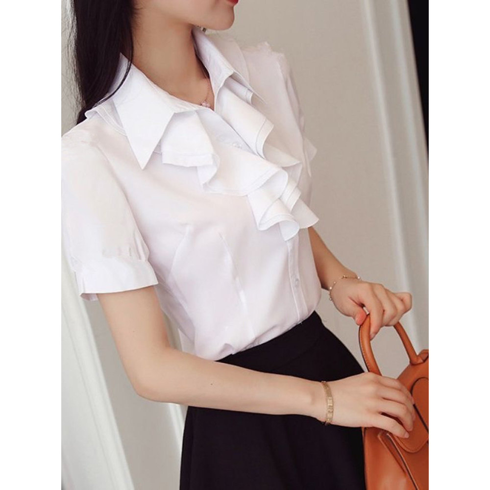 Versão coreana babados branco camisa de manga curta feminina 2026 verão Plus Size roupa profissional trabalho feminino f