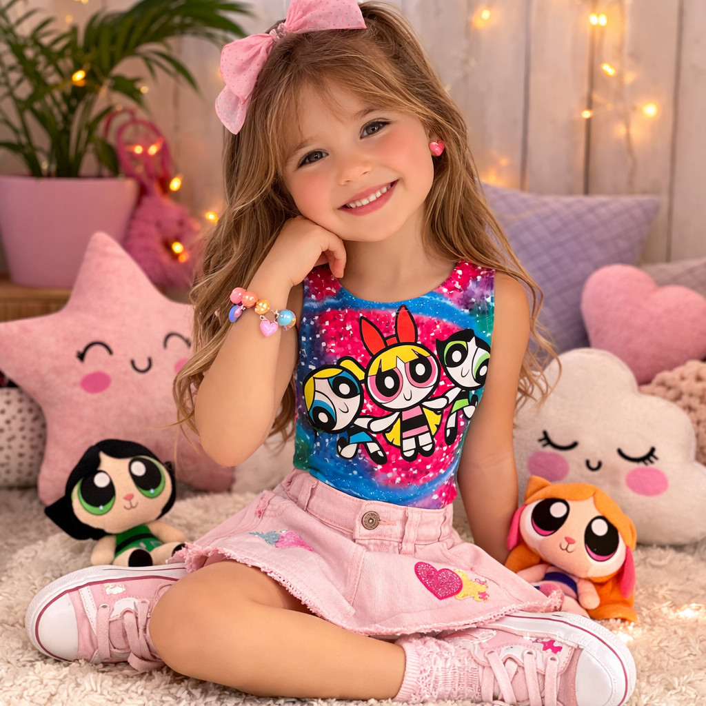 BODY MENINAS SUPER PODEROSAS COM FUNDO COLORIDO E COM BRILHO