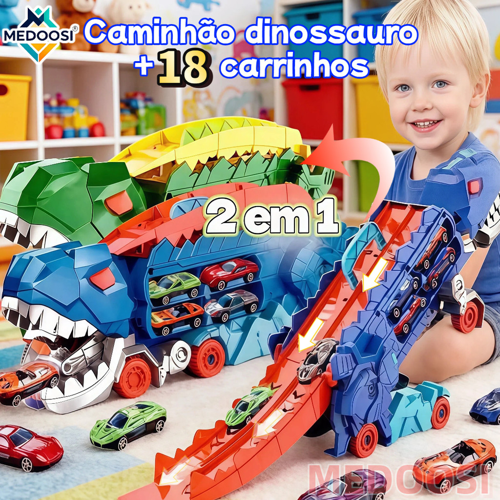 MEDOOSI Pista Dinossauro com 18 Carrinhos  | 2 em 1 Caminhão Monster Truck Transformes, Kit Infantil para Diversão