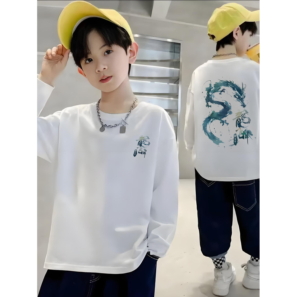 Meninos puro algodão manga comprida camiseta nacional na moda médio grande crianças novo estilo outono chinês primavera 
