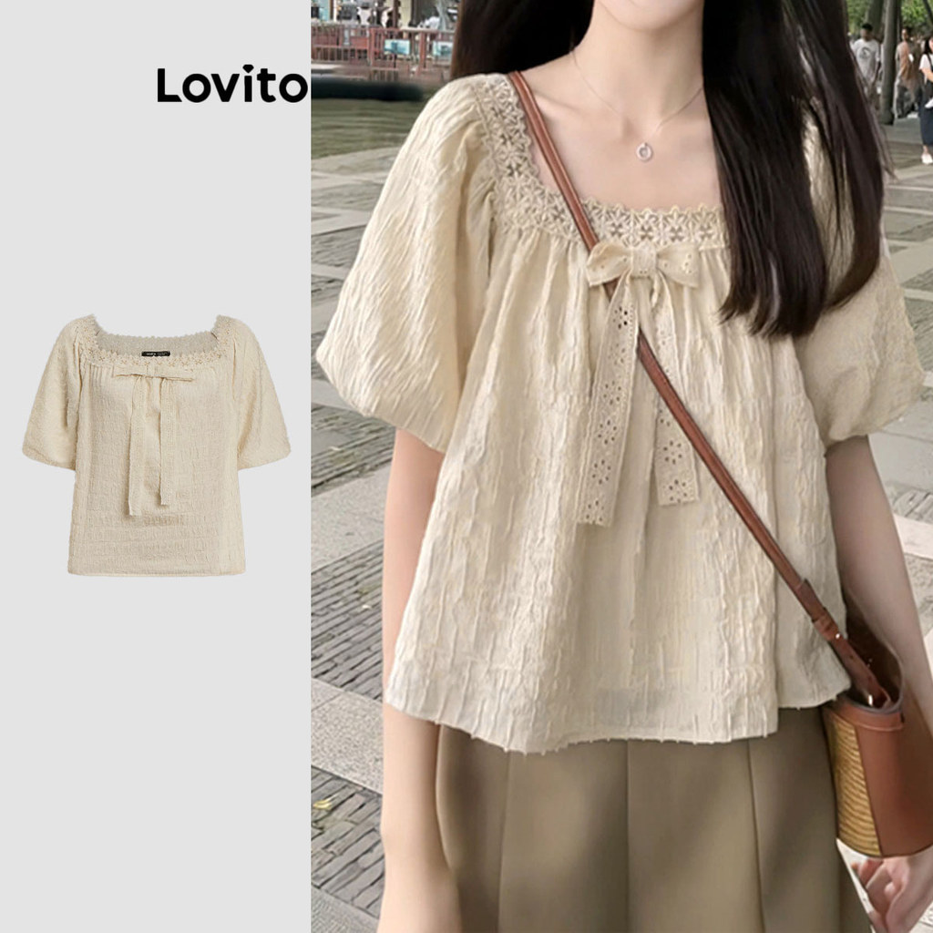 Lovito Blusa Casual Lisa Contraste Malha Renda Blusa Gola Quadrada Para Mulheres LNE19122 (damasco) em Oferta na Shopee