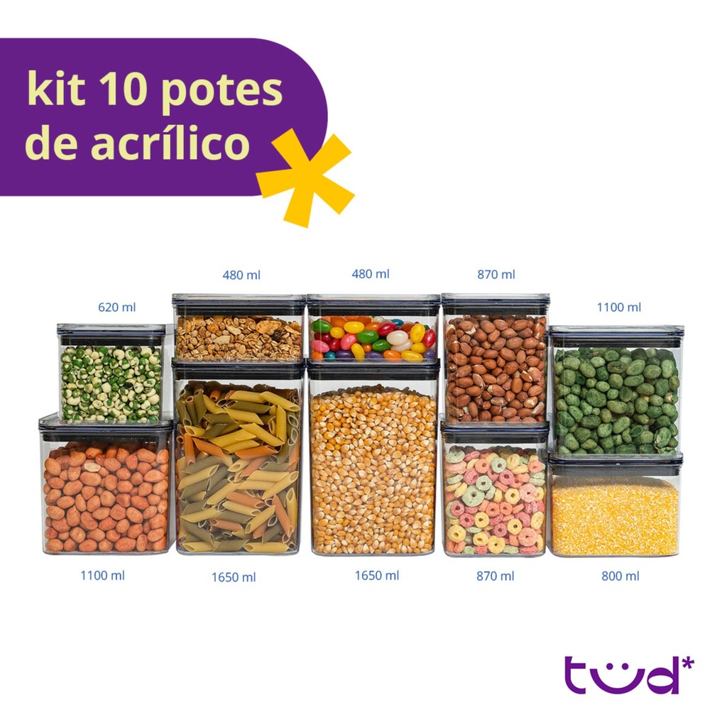 Kit 10 potes de acrílico com tampa herméticos quadrado - Tüd · foto 2