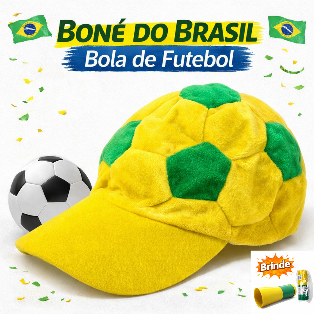 Boné Brasil Copa do Mundo Bola de Futebol + Corneta seleção verde e Amarelo em Oferta na Shopee