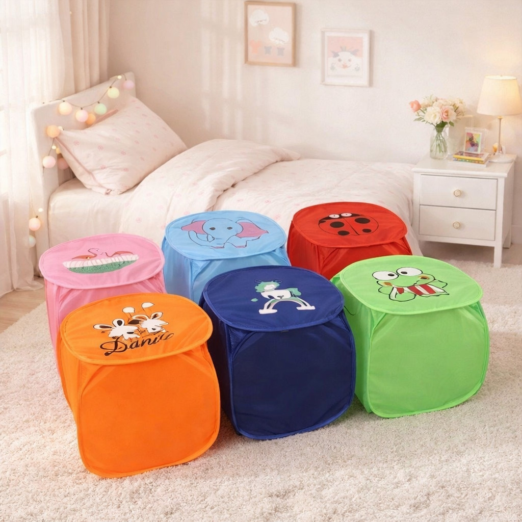 Cesto Grande Com Tampa Organizador de Brinquedo Roupas Sujas Multiuso Dobrável Bichinhos Infantil