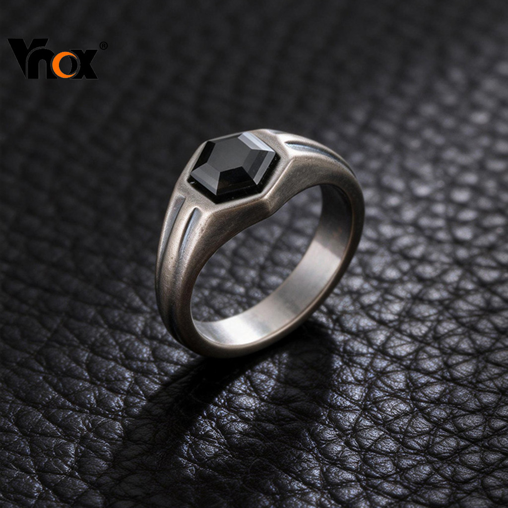 Anel Hexagonal De Zircão Preto Vnox Para Homens , Presente Retrô De Aço Inoxidável Festa De Casamento