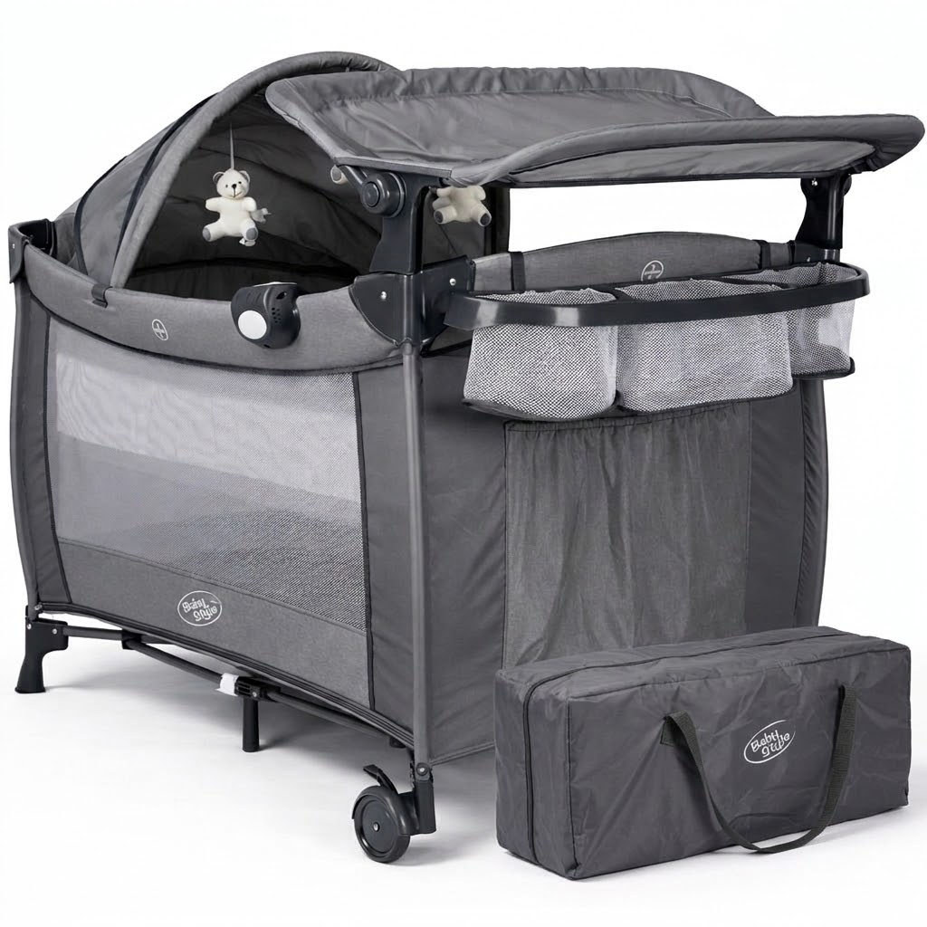 Berço de Bebê Portátil com Trocador Mosquiteiro Bolsa e Caixa Musical Som e Luz Dobrável Desmontável