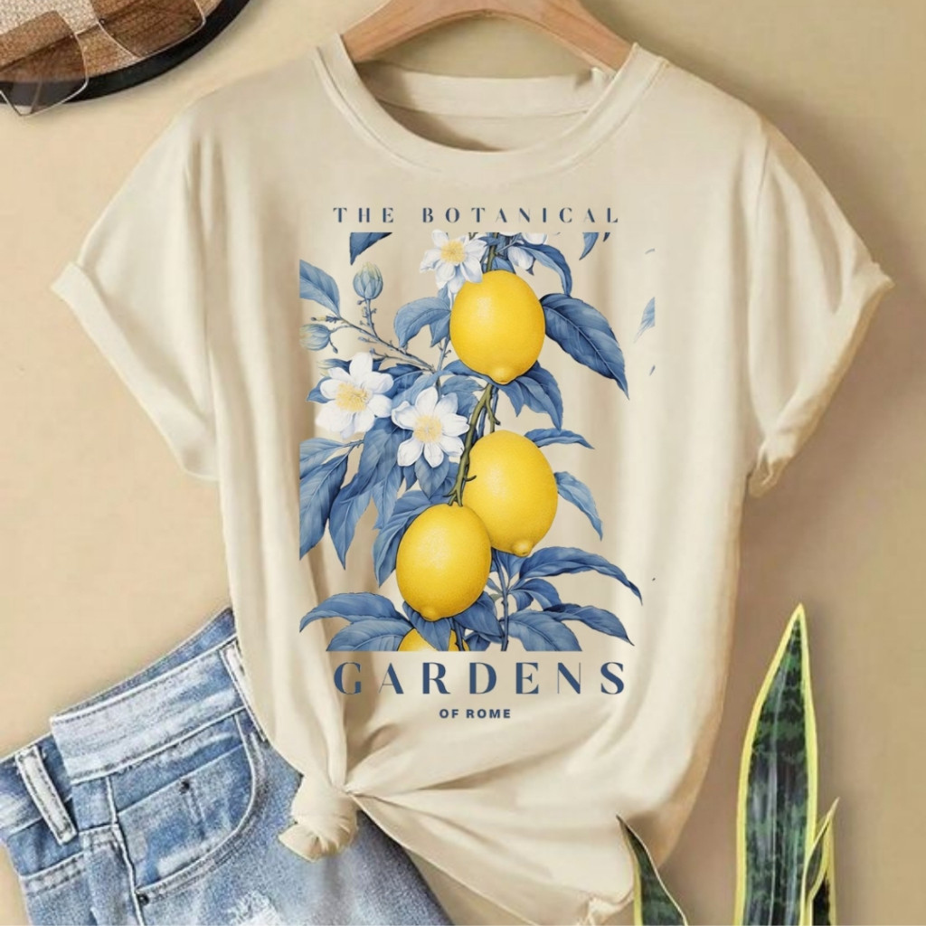 Camiseta Feminina T-shirt Estampada Limão Azul The Botanical Gardens Camisa Inspiração Rio Floral