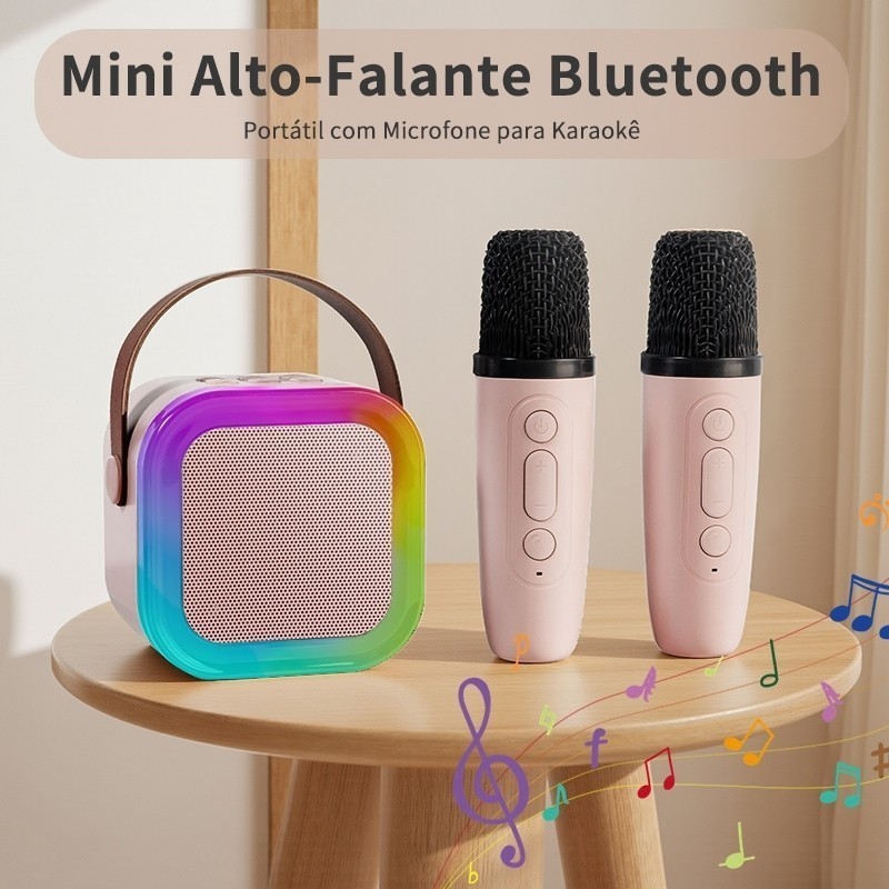 Caixinha de Som Portátil com 2 Microfones Sem Fio, Bluetooth e Função Karaokê Infantil