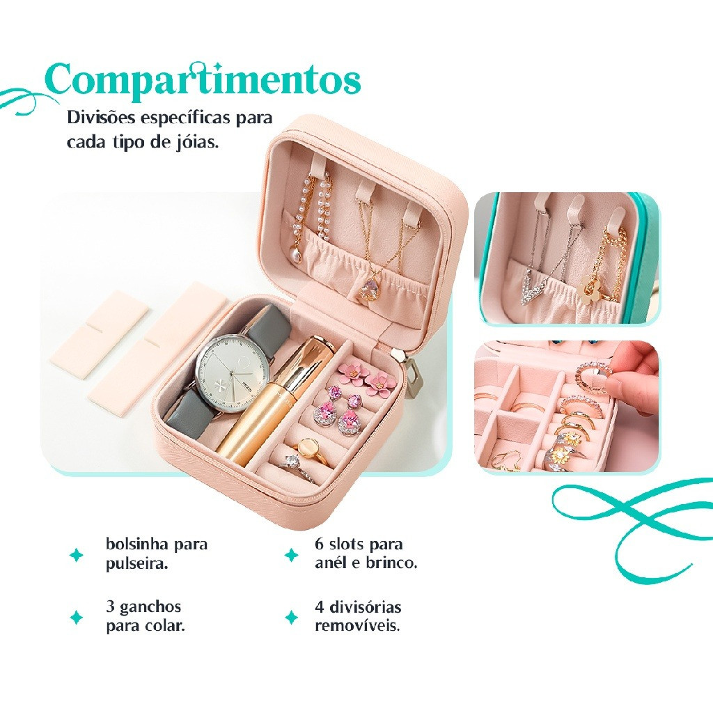 Detalhes do Porta-Jóias Duplo Mini Portátil de Couro | Organizador Multifuncional para Bijuterias