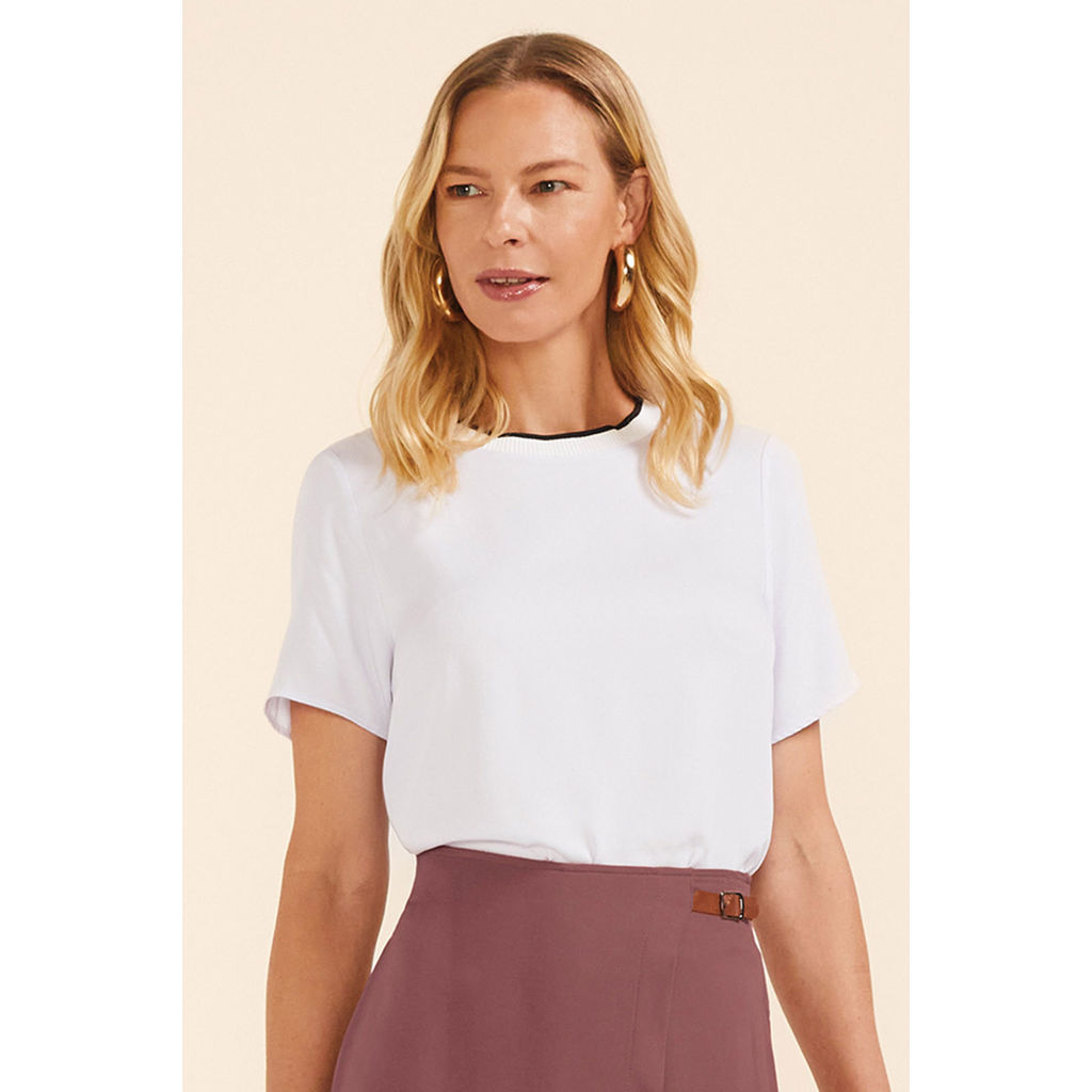 Blusa Feminina Gola Contrastante Marialícia Branco em Oferta na Shopee