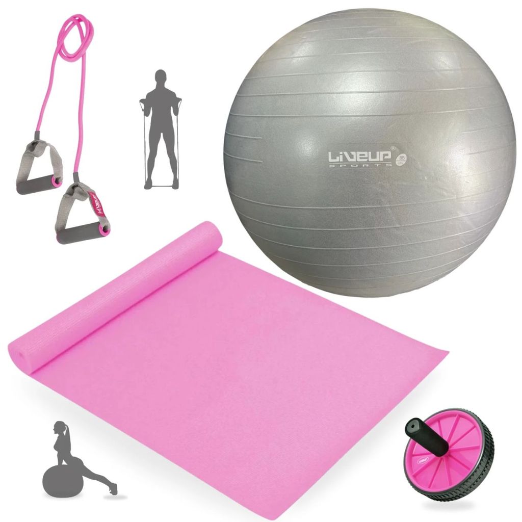 Kit Bola Pilates Cinza 85cm + Tapete 1,73m + Rodinha Abdominal+ Elástico Extensor Leve+ Bomba Inflar