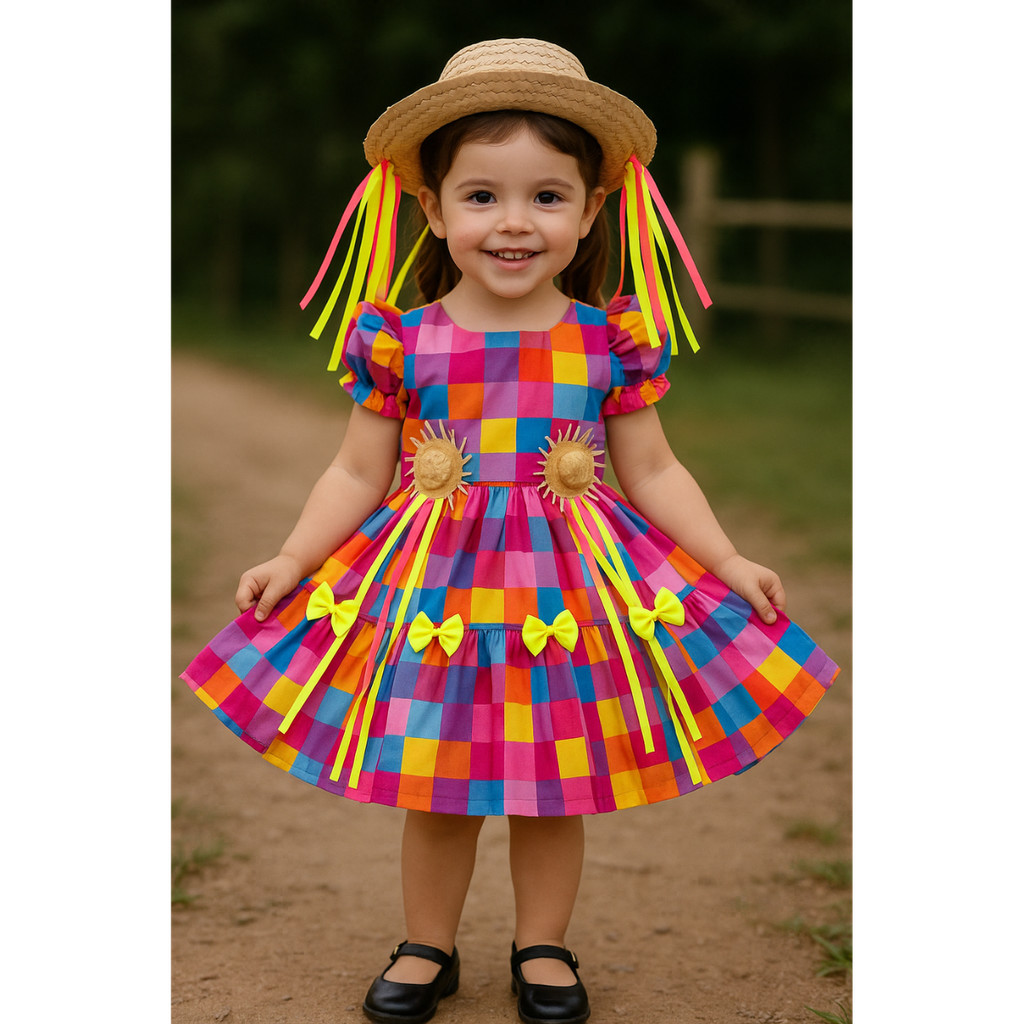 Vestido Festa Junina Infantil Xadrez Rodado ChapEUZINHO  Com Fitas 2 AO 10
