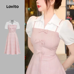 Lovito Xadrez Elegante Tecido de Vestido Costura Pregueada Laço Frontal Vestido Rosa Primavera/verão para mulheres L177ED267