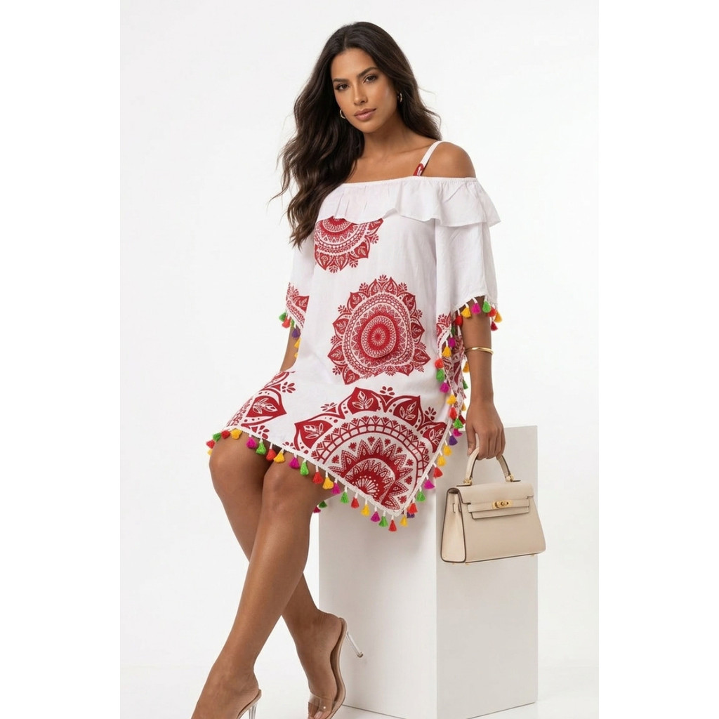 Vestido Curto Ombro a Ombro Boho Chic Estampa Mandala-#100735