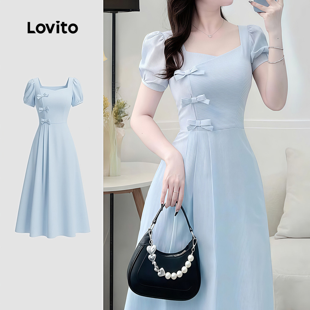 Lovito  Vestido Elegante com Laço e Padrão de Zíper Azul Primavera/verão para mulheres LK4ED898