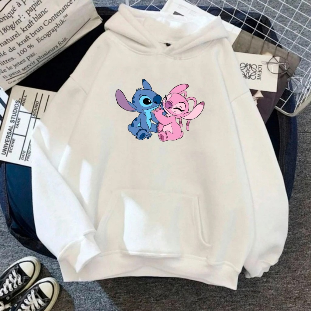 Moletom Canguru Unissex Lilo Stitch e Angel Love Casal Agasalho Casaco Blusa De Frio Blusão CapoteCom Bolso 100% Algodão