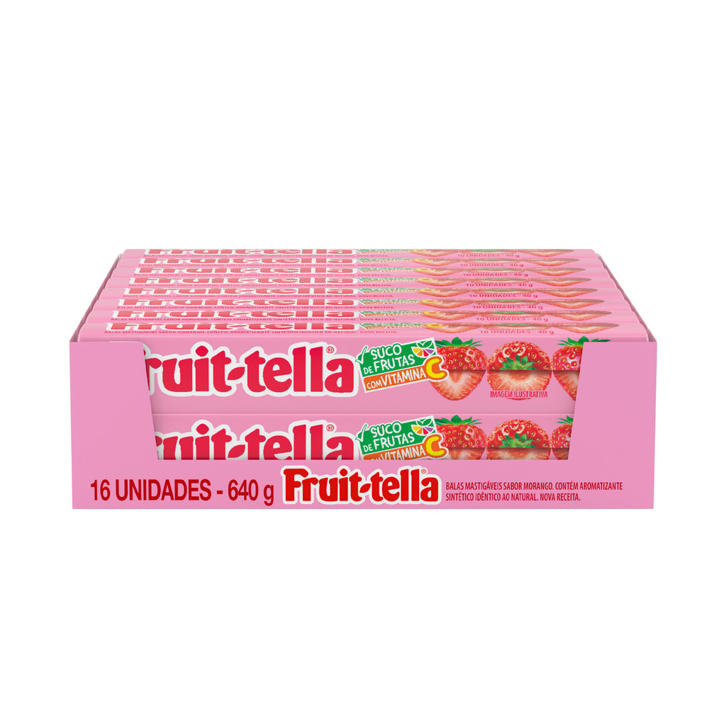 Bala Mastigável, Com Vitamina C, Suco de Frutas, Sabor de Morango, Display, Fruittella, Stick - 640 g | 16 Unidades