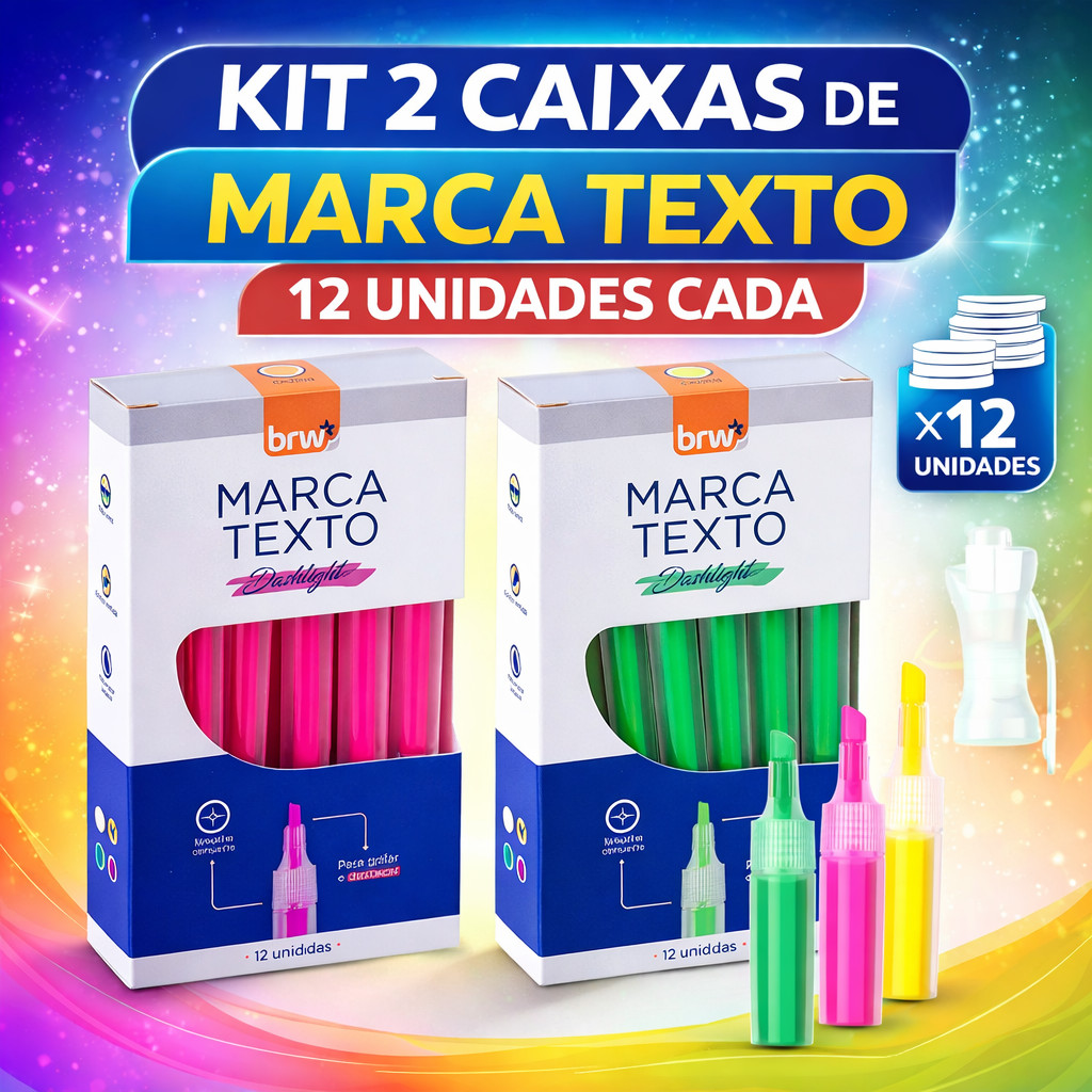 Kit 2 Caixas Marca Texto Fluorescente BRW 24 Unidades Ponta Chanfrada 1-4mm Cores Neon Escolar Escritório Atacado