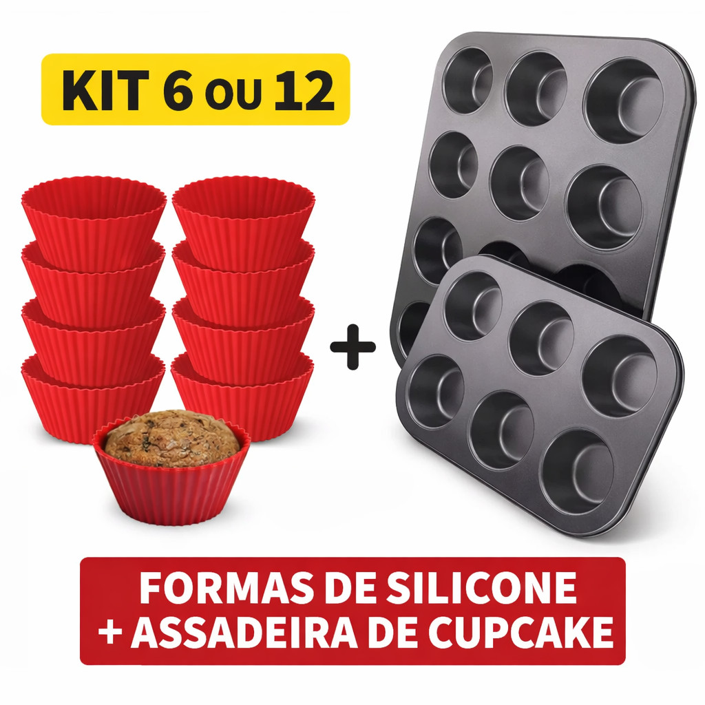 Kit 6/12 Forminhas de Silicone Não Gruda + Forma de Cupcake 12 ou 6 Cavidades Antiaderente