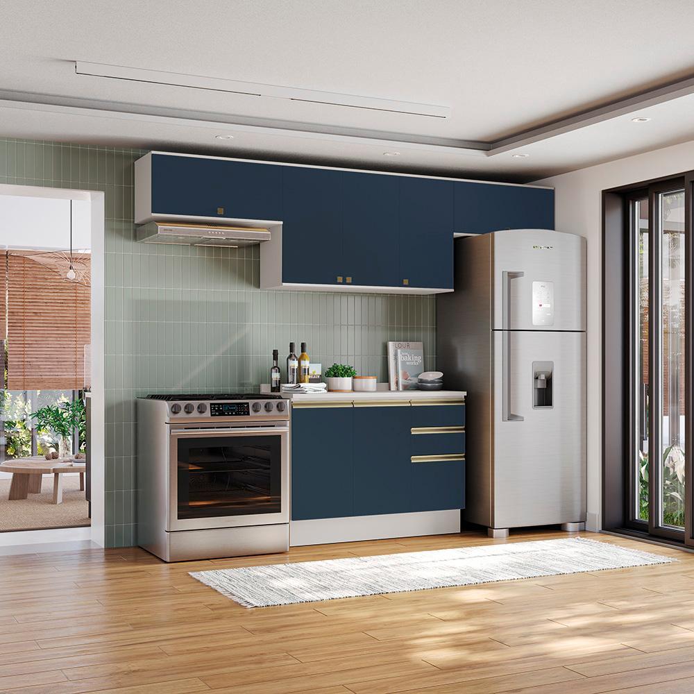 Armário de Cozinha Completa 100% MDF 280cm Branco/Azul Profundo Celeste Kappesberg