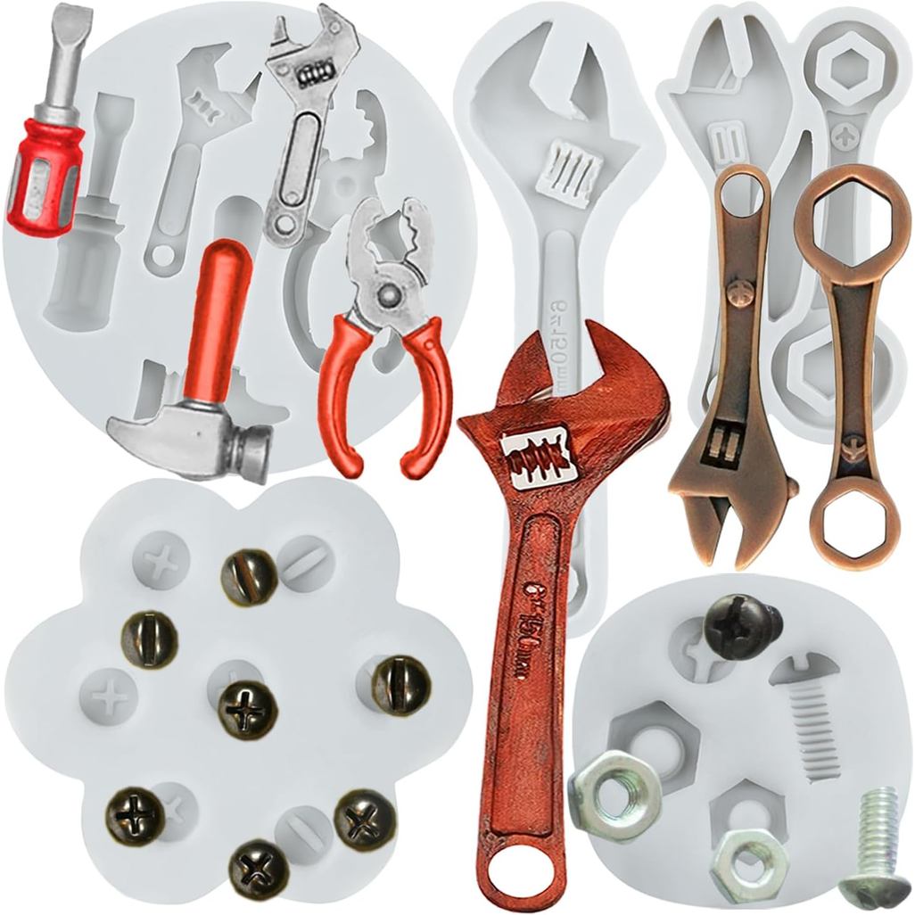 Conjunto de 5 Moldes de Silicone Lingzhi para Porcas e Parafusos, Chave Inglesa, Alicate, Martelo, para Decoração de Bol
