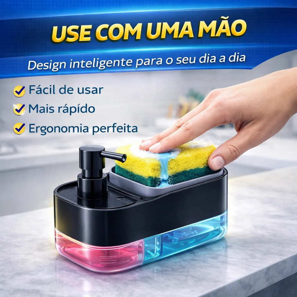 Detalhes do Dispenser Sabão Porta Detergente 3x1 Pia Cozinha + Esponja