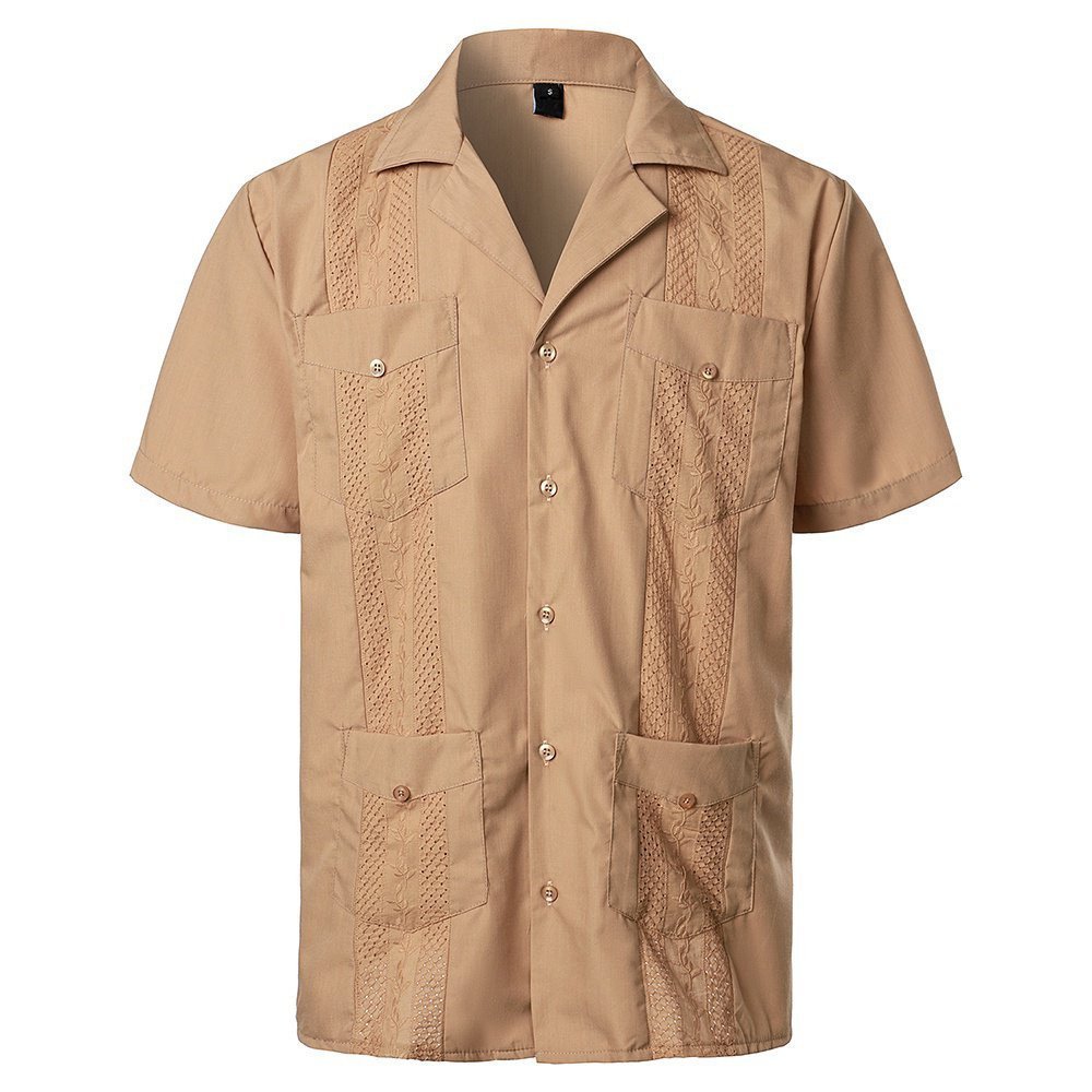 Camisa Guayabera Masculina de Manga Curta, Camisa Casual Bordada com Botões, Camisa de Praia Respirável, Macia, Monocrom