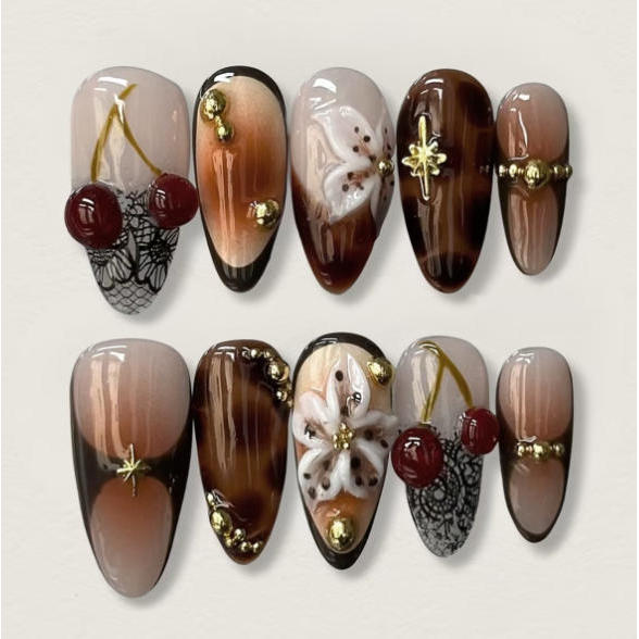 Detalhes do unha postiça decorada realista de amendoada Com Cola unhas postiças decoradas Pérola Preta Flor 3D Falsas nails