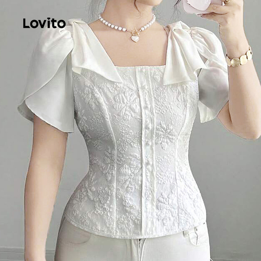 Lovito Blusa Elegante de Tecido com Laço Costurado Primavera/verão Branca Off para mulheres L146ED015