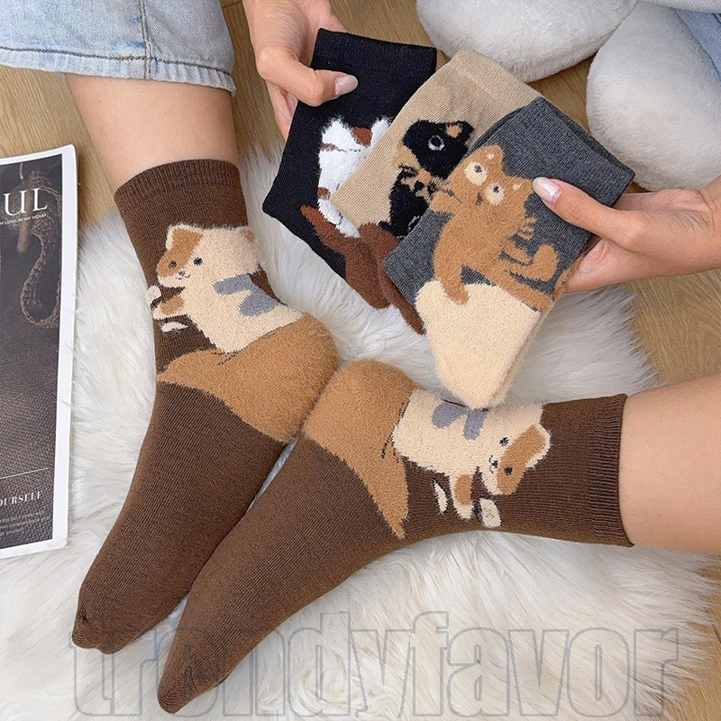 4-1 Pares De Meias De Cano Médio De Gato Flocado De Veludo – Soxes Quentes Meia Estilo Japonês Tubo Fofas De Desenho Ani