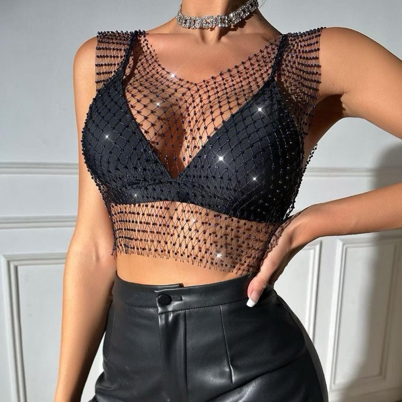 Cropped Sopreposição Blusa Telinha De Brilho Strass Arrastão Moda Blogueira